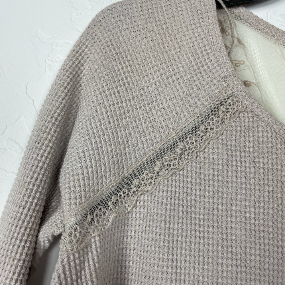 Free People‎ Shirt Waffle Knit Henley Top Lace Tan - Picture 5 of 8